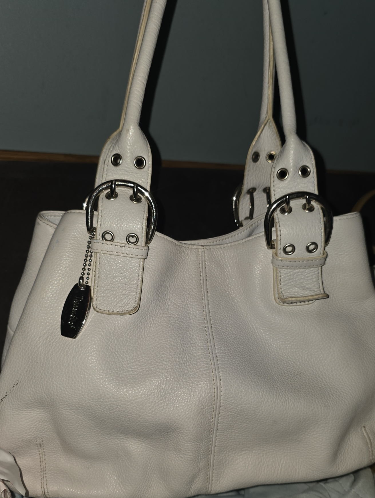 White Leather Tignanello Tote Handbag With Silver Hardware